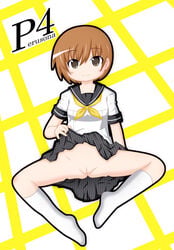 female going_commando no_panties persona persona_4 pussy satonaka_chie short_hair skirt tagme_(artist) tomboy upskirt