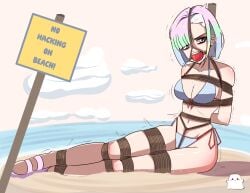 1girls arms_behind_back ball_gag beach bikini bondage bondco bound bound_ankles bound_arms bound_legs box_tie cleavage crotch_rope cyberpunk:_edgerunners drool drooling english_text female female_only femsub gag gagged harness_gag lucyna_kushinada outdoors png revealing_clothes rope sand text water