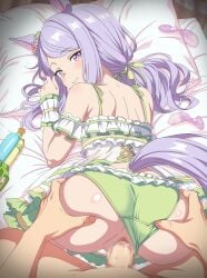 1boy 1girls ass bikini condom cum doggy_style eufoniuz female from_behind horse_girl looking_at_viewer male mejiro_mcqueen_(umamusume) penetration penis pillow pov sex sex_from_behind swimsuit umamusume umamusume_pretty_derby used_condom