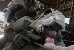 3d_(artwork) absurd_res ass_up backpack bent_over black_body black_fur blender_(artwork) bottomless box clothed clothing combat_cat_studio container crate desert_eagle digital_media_(artwork) fellatio female fur genitals gloves green_eyes gun hair handgun handwear hi_res holding_object holding_weapon knot knotted_penis male male/female mammal marquez marquez_(wild_assault) mephitid oral penile penis penis_in_mouth pistol pointing_gun_at_another ranged_weapon rocket sex shipping_container skunk skunk_tail straps tongue tongue_out weapon whiskers white_hair wild_assault