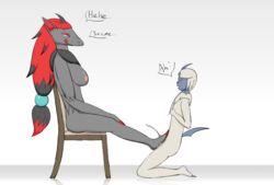 absol anthro bodily_fluids breasts chair cum cumshot dialogue duo ejaculation english_text female foot_fetish foot_play footjob foreskin furniture genital_fluids genitals hi_res larger_female male nintendo nipples penis pokémon_(species) pokemon pokemon_(species) sex size_difference straight text uncut video_games waterinacup zoroark