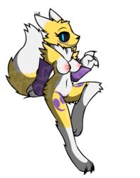 1girls alpha_channel anthro breasts claws digimon female female_only fur genitals hi_res looking_at_viewer mostly_nude neck_tuft nipples nude one_leg_up pussy raised_leg renamon signature simple_background smile solo transparent_background tuft watermark wub_(artist) yellow_body yellow_fur