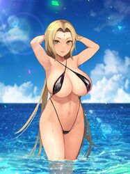 1girls armpits arms_behind_head bikini blonde_hair breasts brown_eyes cloud collarbone criss-cross_halter facial_mark female female_only forehead forehead_mark halterneck highres huge_breasts long_hair naruto naruto_shippuden navel sidelocks sky sling_bikini slingshot_swimsuit solo sparkle sunlight swimsuit thighs tsunade very_long_hair wading water wet yuzuriha_(active_homing)