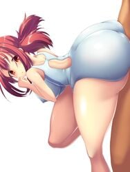 1boy 1girls ass ass_press ass_up baby_face breasts buttjob competition_swimsuit covered_buttjob favorite female huge_ass keijo!!!!!!!! l_buffer large_ass looking_back male one-piece_swimsuit penis red_eyes red_hair rubbing sex simple_background skin_tight swimsuit toyoguchi_non voluptuous white_background