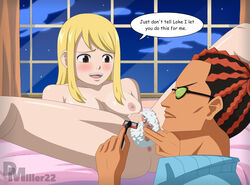 anus ass blonde_female blonde_hair blush breasts dmiller22_(artist) english_text fairy_tail female light-skinned_female lucy_heartfilia nude nude_female pussy shaving shaving_another shaving_cream shaving_pussy speech_bubble tagme text thighs