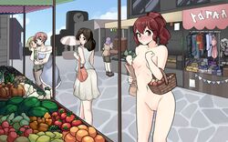 5girls anew_(artist) anewenfartist anna_(fire_emblem) anna_(fire_emblem_fates) blush brown_eyes casual casual_exposure casual_nudity completely_nude completely_nude_female embarrassed embarrassed_nude_female enf exhibitionism exhibitionist fire_emblem fire_emblem_fates grocery grocery_bag nintendo nipples nude nude_female nudist outdoors ponytail public public_exposure public_nudity red_eyes red_hair small_breasts