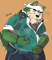 2020 anthro belly blush bodily_fluids bottomwear bulge canid canine canis clothing dipo_(artist) domestic_dog fur genital_fluids green_body green_fur headphones_around_neck hi_res humanoid_hands kemono live-a-hero male male_only mammal mokdai_(live_a_hero) overweight overweight_anthro overweight_male pants precum solo video_games