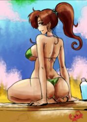 1girls ass beach big_ass bishoujo_senshi_sailor_moon brown_eyes brown_hair color colored from_behind large_breasts looking_back mabeelz makoto_kino smirk solo spiritflame24 swimsuit