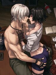 1boy 1boy1girl 1girls ass_grab ass_grab_from_front bike_shorts black_hair boots breasts capcom carpet chair cleavage dante devil_may_cry devil_may_cry_3 eye_contact female food grabbing_ass grabbing_butt groping_ass groping_butt gun hands_on_ass imminent_kiss jacket jacket_removed kalina_ann_(weapon) lady_(devil_may_cry) looking_at_another magazine ozkh ozkh6 phone pizza pizza_box pizza_slice rebellion_(sword) shirtless short_hair silver_hair smile straight sword weapon