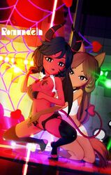 2girls 3d brown_skin bulging catgirl demon_tail dia_(hazbin_hotel) female groping groping_breast groping_from_behind hazbin_hotel horns nipple_covers on_stage partially_clothed red_skin romandeth straight_hair succubus summer_(hazbin_hotel) tail vivienne_medrano