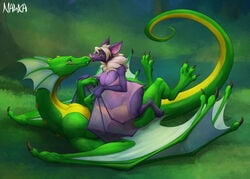 2020 anthro anthro_on_feral anthro_penetrated breasts chiropteran claws cowgirl_position day detailed_background dragon duo female female_on_top female_penetrated feral feral_penetrating feral_penetrating_anthro grass green_body green_wings hair horn licking licking_muzzle lying male male_on_bottom male_penetrating male_penetrating_female mammal membrane_(anatomy) membranous_wings nawka on_back on_bottom on_top outside penetration purple_body purple_wings scales scalie sex signature smile spines straight text tongue tongue_out western_dragon white_hair wing_claws winged_arms wings