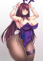 animal_ears armpits arms_up breasts brown_hair bunny_ears bunny_tail bunnysuit cleavage covered_navel curvaceous fate/grand_order fate_(series) female fishnets garter_belt gradient gradient_background grey_background high_resolution huge_ass large_breasts large_filesize lingerie long_hair muyoshito red_eyes scathach_(fate) scathach_(piercing_bunny) solo tail thick_thighs thighs very_high_resolution very_long_hair wide_hips