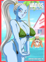 1boy 1girls angel angel_(dragon_ball) ass bangs_pinned_back beach belly belly_button big_breasts big_nipples bikini blue_skin blurry border breasts cleavage cloud coconut_tree colored_skin copyright_name cowboy_shot curvaceous curvy curvy_figure day depth_of_field double_v dragon_ball dragon_ball_super erect_nipples erect_nipples_under_clothes female female_focus front-tie_bikini front-tie_top g-string green-framed_eyewear green_bikini hi_res high_ponytail high_resolution highleg highleg_bikini highleg_swimsuit highres hips hourglass_figure house huge_breasts interlocked_fingers island kame_house large_breasts legs_together long_hair looking_at_viewer male master_roshi micro_bikini navel navel_line nipple_bulge nipples_visible_through_clothing ocean outside_border pale-skinned_male pale_skin palm_tree partially_submerged patreon_username ponytail porch purple_eyes purple_lips red_border sano-br shiny_skin shounen_jump sideboob silver_hair sky sling_bikini smile standing string string_bikini sunglasses swimsuit thick_thighs thighhighs thighs thin_waist thong_bikini tree underboob v vados water weather_vane white_hair wide_hips window