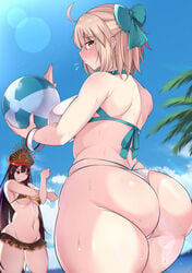 2girls aqua_bow ass ball beachball blonde_hair blush bow breasts brown_hair curvaceous eyebrows fate/grand_order fate_(series) female high_resolution huge_ass large_breasts long_hair looking_at_viewer looking_back medium_breasts multiple_girls muyoshito navel oda_nobunaga_(fate) oda_nobunaga_(fate)_(all) oda_nobunaga_(swimsuit_berserker) okita_souji_(fate) okita_souji_(fate)_(all) okita_souji_(swimsuit_assassin)_(fate) one_eye_closed plump short_hair sweat swimsuit thick_eyebrows thick_thighs thighs very_high_resolution very_long_hair white_swimsuit wide_hips