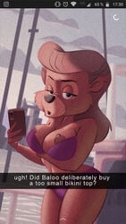 anthro authorialnoice bear bear_ears big_breasts breasts busty disney english_text female female_focus female_only fur hourglass_figure nipples nude nude_female nudity pinup pinup_pose pose posing rebecca_cunningham snapchat solo talespin text wide_hips