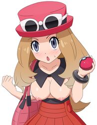 1girls :o areolae bag big_breasts blush breasts brown_hair female grey_eyes hat holding_poke_ball long_hair nintendo nipples pale-skinned_female pale_skin pokeball pokemon pokemon_xy serena_(pokemon) serena_(pokemon_games) skirt sunglasses sunglasses_on_head sweat wasabi_joyu white_background