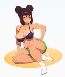 1girls 2020 absurdres asian_latina bangs bare_midriff big_breasts blush bra breasts cleavage command_grab double_bun female female_focus female_only hair_buns highres large_breasts latina looking_at_viewer original original_character picot_trim picot_trim_bra rizdraws short_shorts socks solo spilling_out thick_thighs thighs tomboy wide_hips