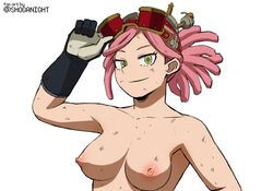 1girls accurate_art_style breasts correct_artstyle dirty female female_focus female_only glasses_on_head gloves gloves_only looking_at_viewer looking_away medium_breasts mei_hatsume my_hero_academia nipples nude pink_hair shoganight target-shaped_pupils white_background yellow_eyes