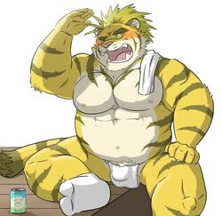 2020 anthro asian_clothing balls belly blush bulge clothing east_asian_clothing felid fundoshi genitals hi_res hon55728 humanoid_hands japanese_clothing kemono macan_(tokyo_afterschool_summoners) magan male male_only mammal nipples overweight overweight_anthro overweight_male pantherine sitting solo tiger tokyo_afterschool_summoners towel underwear video_games