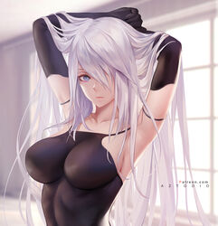 1girls android azto_dio big_breasts breasts clothed_female female female_focus female_only long_hair nier nier:_automata nipples nipples_visible_through_clothing solo solo_female solo_focus yorha_a2