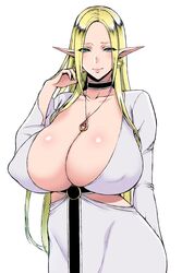 blonde_hair cleavage curvy dress elf elf_ears female green_eyes huge_breasts long_hair looking_at_viewer mature milf original original_character pendant pointy_ears smiling thick_thighs usaginagomu