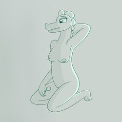 1:1 alligator alligatorid anthro bea_santello breasts candy crocodilian crocodilianbooty female food genitals hi_res kneeling lollipop monochrome night_in_the_woods non-mammal_breasts nude pussy reptile scalie simple_background simple_shading solo video_games