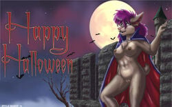 anthro battlement branch brown_body brown_fur brown_nipples cape cape_only castle chest_tuft chiropteran clothing ear_piercing ear_ring english_text female fog fur furafterdark genitals hair halloween holidays mammal moon mostly_nude night nipples piercing pink_nose purple_hair pussy sasha_gothica sky smile solo star starry_sky style_wager text tuft