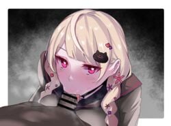 1boy bangs bar_censor blush braid breasts censored eyebrows_visible_through_hair fellatio female hair_ornament highres kagto_(alterna) long_hair looking_at_viewer mole mole_under_eye oral original penis purple_eyes saliva school_uniform serafuku solo straight tongue tongue_out twin_braids