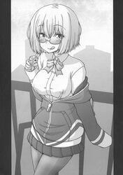 1girls before_sex blush clothed crossed_legs drinking female female_only fully_clothed glasses hair highres horny hourglass_figure imaki_hitotose large_breasts licking_lips looking_at_viewer looking_over_eyewear looking_over_glasses looking_over_sunglasses monochrome nipple_bulge nipples_visible_through_clothing no_bra pantyhose public ribbon shinjou_akane short_hair smile smiling smiling_at_viewer ssss.gridman sunglasses sweater tinted_eyewear tongue tongue_out