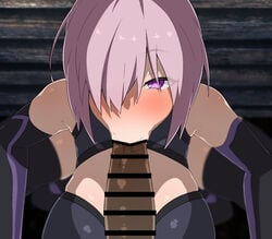 1boy 1girls :>= aroused big_breasts blowjob blowjob_face blush breasts censored dark-skinned_male fate/grand_order fate_(series) fellatio huge_penis large_breasts leotard looking_at_viewer mash_kyrielight nanashi_maru penis pink_hair purple_eyes tagme