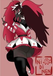 1girls big_ass black_hair cumshakequeen dark_skin dress female hazbin_hotel huge_ass looking_at_viewer looking_back middle_finger one_leg_up red_hair stockings straight_hair twintails upskirt velvette velvette_old_design vivienne_medrano white_hair