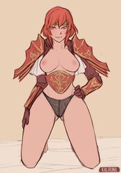 1girls armor bare_breasts bare_legs big_breasts black_panties breasts breasts_out exposed_breasts female fire_emblem fire_emblem:_mystery_of_the_emblem fire_emblem:_shadow_dragon_and_the_blade_of_light kalruna looking_at_viewer medium_breasts medium_hair minerva_(fire_emblem) nintendo nipples panties red_eyes red_hair solo solo_female