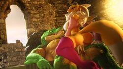 16:9 3d_(artwork) absurd_res anthro anthro_on_anthro anthro_penetrated anthro_penetrating anthro_penetrating_anthro ass bodily_fluids breasts canid canine chair cowgirl_position crocodile crocodilian crocodylid cum cum_in_pussy cum_inside digimon digimon_(species) duo female female_on_top female_penetrated fur furniture genital_fluids green_body green_eyes green_scales hi_res inside jarus_kais league_of_legends male male_on_bottom male_penetrating male_penetrating_female mammal mostly_nude muscular muscular_male on_bottom on_top penetration renamon renekton reptile riot_games scales scalie sex sharp_teeth showing_teeth sitting smile straight teeth throne vaginal_penetration video_games widescreen window yellow_body yellow_fur