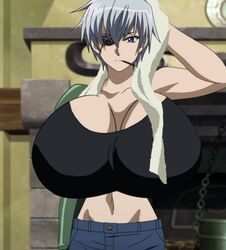 1girls akame_ga_kill! alternate_breast_size belly breasts cigarette edit edited eye_patch female female_focus female_only fit fit_female fitness huge_breasts large_breasts mechanical_arm najenda_(akame_ga_kill!) pants photoshop purple_eyes redwizard screencap screenshot short_hair smoking solo solo_female solo_focus tomboy towel