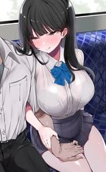 big_breasts blue_eyes blush curvy dark_hair hand_on_thigh huge_breasts licking_lips miniskirt mitsudoue school_uniform schoolgirl sweat thick_thighs train train_interior wet_clothes