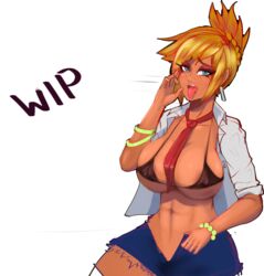 big_breasts blonde_hair blue_eyes blush breasts fellatio_gesture gyaru league_of_legends looking_at_viewer necktie necktie_between_breasts riven stormbringer suggestive suggestive_gesture wip