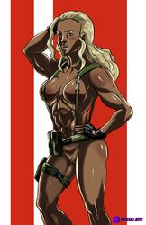 abs armpits blonde_hair dark-skinned_female female fingerless_gloves fortune_(mgs2) izzykargeau konami lipstick long_hair metal_gear_solid metal_gear_solid_2 muscular_female nude nude_female pubic_hair pussy solo thick_thighs video_games vulva