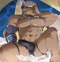 abs anthro beach blush bovid bovine cattle clothing embarrassed erection hi_res male male_only mammal muscular muscular_anthro muscular_male pecs seaside shennong solo speedo swimwear tachiyawolf tenting tokyo_afterschool_summoners video_games water