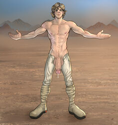 1boy abdomen anma big_balls big_penis cum desert foreskin huge_cock luke_skywalker male male_only muscular_male no_underwear pale-skinned_male pale_skin penis precum precum_drip presenting presenting_penis retracted_foreskin smile solo solo_male star_wars treasure_trail uncircumcised uncut