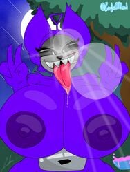 3:4 absurd_res anthro big_breasts bodily_fluids breasts detailed_background female forest hi_res huge_breasts humanoid looking_at_viewer night nipples open_mouth saliva slendytubbies solo solo_focus tinky_winky tongue tree wide_hips zeglo-official