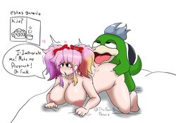 anthro anthro_penetrating anthro_penetrating_human bed bedroom big blue_hair breasts cum cum_in_pussy cum_inside english_text female fishy_boopkins_(smg4) from_behind grabbing_ass green_skin huge_breasts human_on_anthro impregnation impregnation_request interspecies larger_female mario_(series) moaning nipples nude on_bed penile_penetration penis_in_pussy pink_hair saiko_bichitaru_(smg4) sex shell size_difference smaller_male smg4 spanish_text spike_(mario) thebombbeanie thigh vaginal_penetration yellow_hair