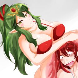 2girls big_breasts bikini blush breasts burping cleavage cordelia_(fire_emblem) female fire_emblem fire_emblem_awakening green_hair jewelry large_breasts licking_lips looking_at_viewer nintendo pointy_ears ponytail red_eyes red_hair ripped_clothing saintxtail swimsuit tiki_(adult)_(fire_emblem) tiki_(fire_emblem) vore x-ray