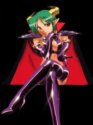 1girls 90s bare_shoulders beckoning black_background boots breasts cape carrera cleavage clothing collar crossed_legs demon_girl demon_horns elbow_gloves eyebrows_visible_through_hair female female_only gloves green_hair high_heel_boots high_heels highres horns inviting large_breasts long_ears monster_girl official_art pointy_ears purple_clothing purple_gloves purple_thighhighs red_eyes revealing_clothes ring sasaki_masakatsu shiny short_hair shoulder_pads simple_background sitting skull skull_necklace smile sogna solo stockings succubus succubus_costume succubus_horns thick_thighs thigh_boots thighhighs thighs viper_(series) viper_gts zettai_ryouiki