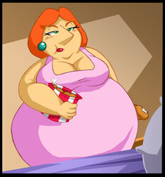 1girls breasts chadrocco chicken chubby cleavage dress drumsticks earrings family_guy fat female female_only food fox lois_griffin milf mother obese overweight red_hair red_lipstick solo thick_arms unamused