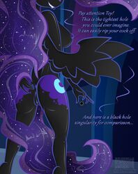 2020 alicorn anthro anus big_breasts black_body black_hole breasts dark_persona dialogue english_text equid ethereal_hair female friendship_is_magic genitals hasbro horn mammal my_little_pony nightmare_moon_(mlp) nipples presenting presenting_anus princess_luna_(mlp) pseudo_hair pussy side_boob signature smile solo spread_wings talking_to_viewer text virenth wings