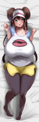 1girls bed blue_eyes blush brown_hair double_bun female female_protagonist huge_thighs hyuuman leggings long_hair nintendo on_bed pokemon pokemon_bw pokemon_bw2 rosa_(pokemon) thick_thighs thighs twintails wide_hips