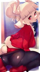 1girls ass bangs big_ass big_breasts big_butt breasts demon_horns female female_only fringe fully_clothed goat_lucifer_(helltaker) helltaker hizake horny kashu_(hizake) lucifer_(helltaker) panties pantsu red_eyes red_panties sweat sweatdrop tagme white_hair