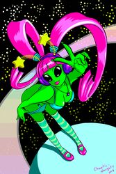 1girls 2018 alien alien_girl artist_signature black_eyes blue_lingerie bra chaoticnaughty cleavage green_skin headphones necklace panties panty_pull pink_hair pussy space stockings striped_stockings tongue tongue_out twintails v vagina