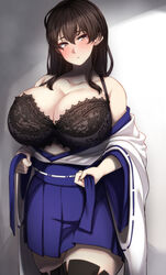 black_bra blushing bra brown_hair curvy female_only hakama huge_breasts japanese_clothes kaga_(kantai_collection) kantai_collection lingerie ryuun_(stiil) stripping underwear