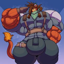 2020 5_fingers anthro belt big_bulge big_muscles bobert bodypaint bottomwear bulge clothing face_paint feathers felid final_fantasy final_fantasy_vii fingers fur gesture gloves grin hair handwear hi_res huge_bulge huge_muscles hyper hyper_bulge hyper_muscles lion long_hair looking_at_viewer male male_only mammal muscular muscular_anthro muscular_male neckerchief pantherine pants red_body red_fur red_hair red_xiii salute shirt smile solo square_enix standing topwear video_games